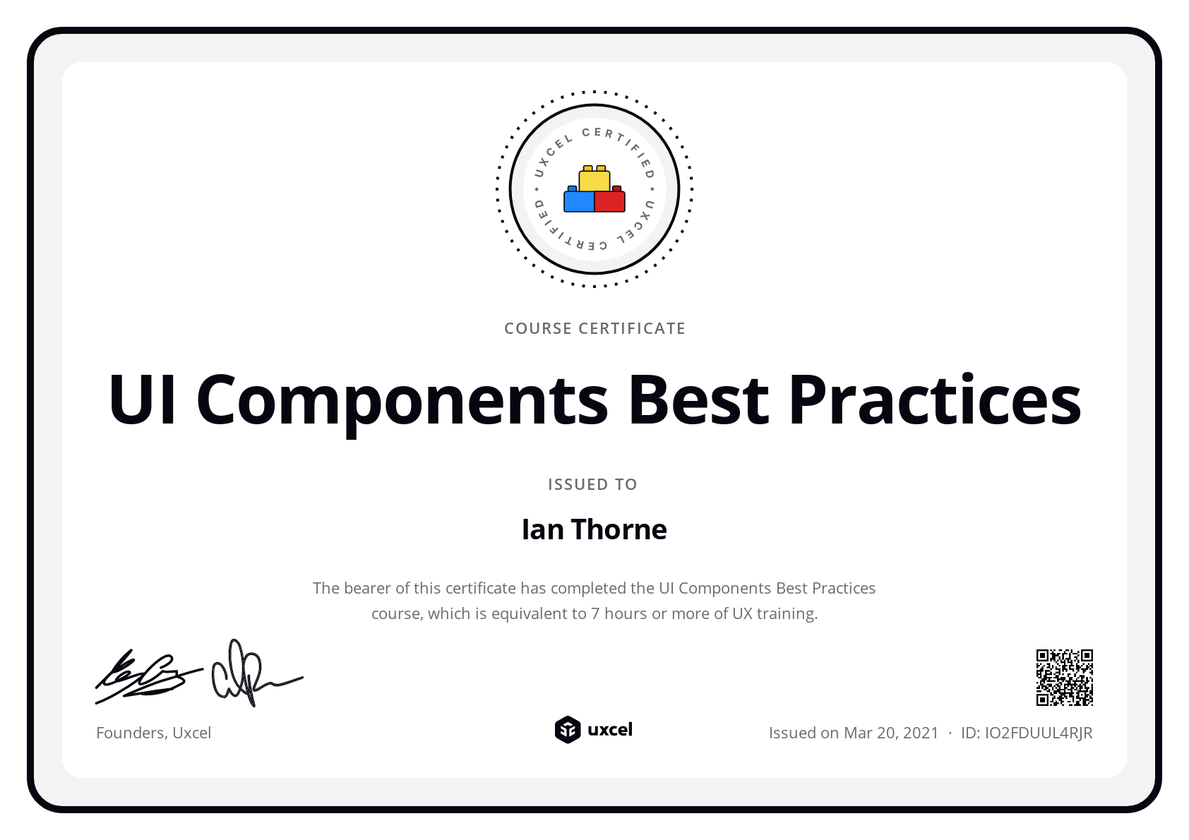 Ian Thorne's certificate